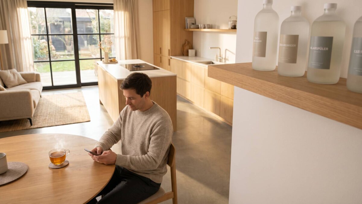 Person mit Smartphone an einem aufgeräumten Tisch in heller Wohnküche
