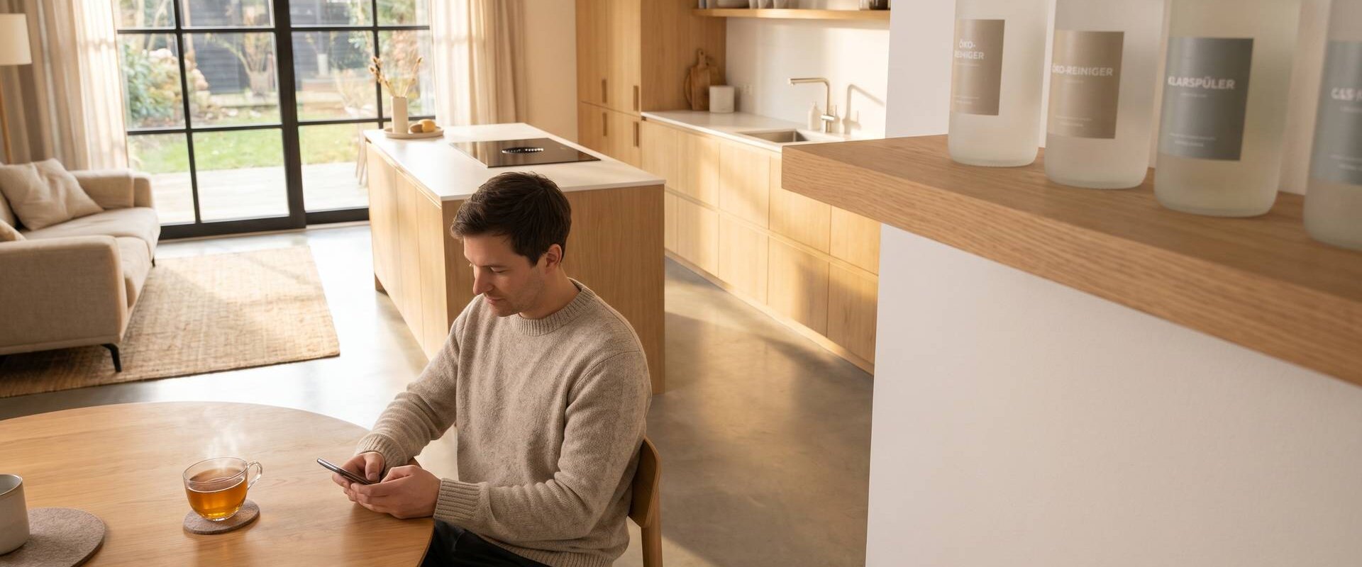 Person mit Smartphone an einem aufgeräumten Tisch in heller Wohnküche