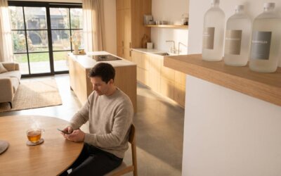 Person mit Smartphone an einem aufgeräumten Tisch in heller Wohnküche