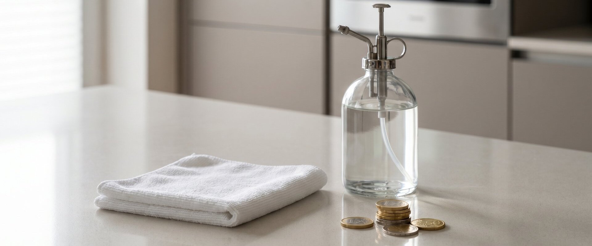 Helle Küche mit Reinigungstuch, Sprühflasche und Euromünzen auf der Arbeitsplatte