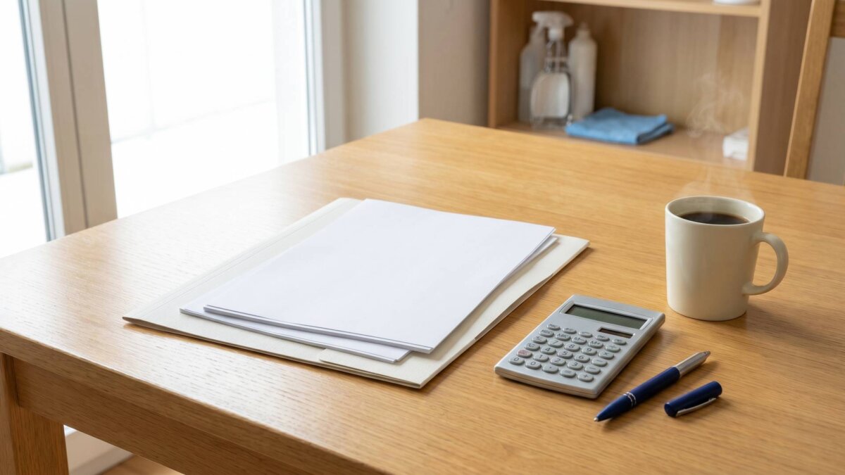 Heller Küchentisch mit Unterlagenmappe, Taschenrechner, Stift und Kaffeetasse