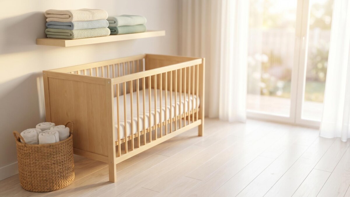 Ruhige sonnige Kinderzimmer-Ecke mit Holzbett, gefalteten Decken und Korb