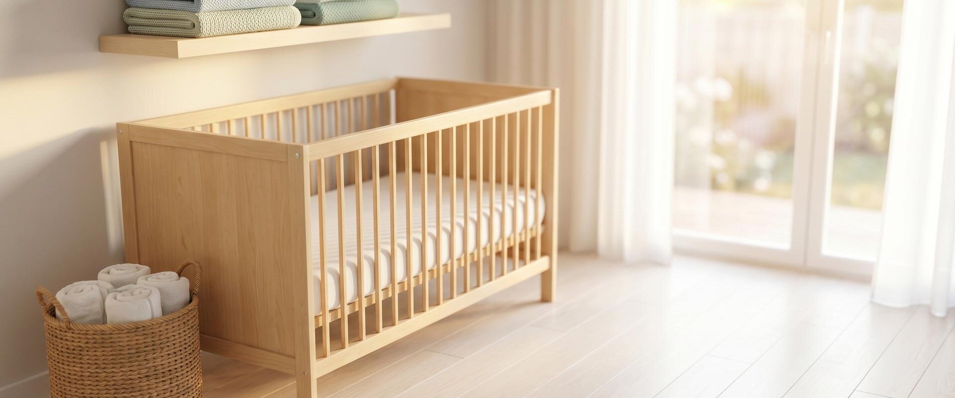 Ruhige sonnige Kinderzimmer-Ecke mit Holzbett, gefalteten Decken und Korb