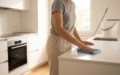 Person wischt eine saubere Küchenarbeitsplatte in einer hellen Küche