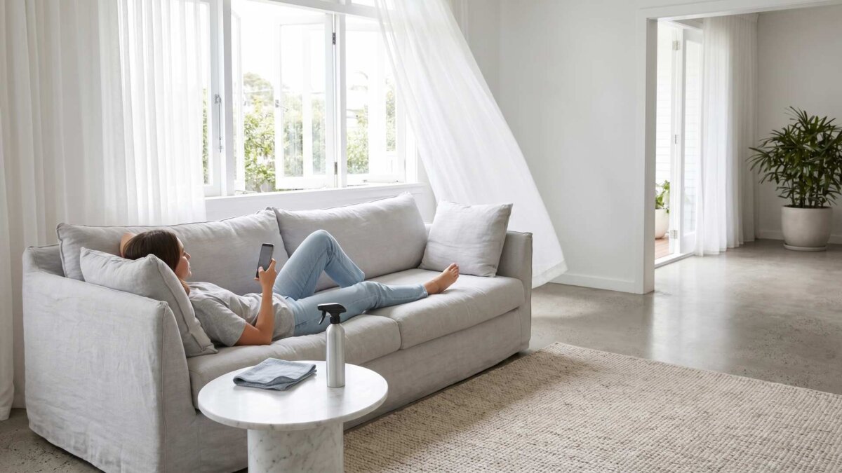 Entspannte Person mit Smartphone auf dem Sofa in heller frisch geputzter Wohnung