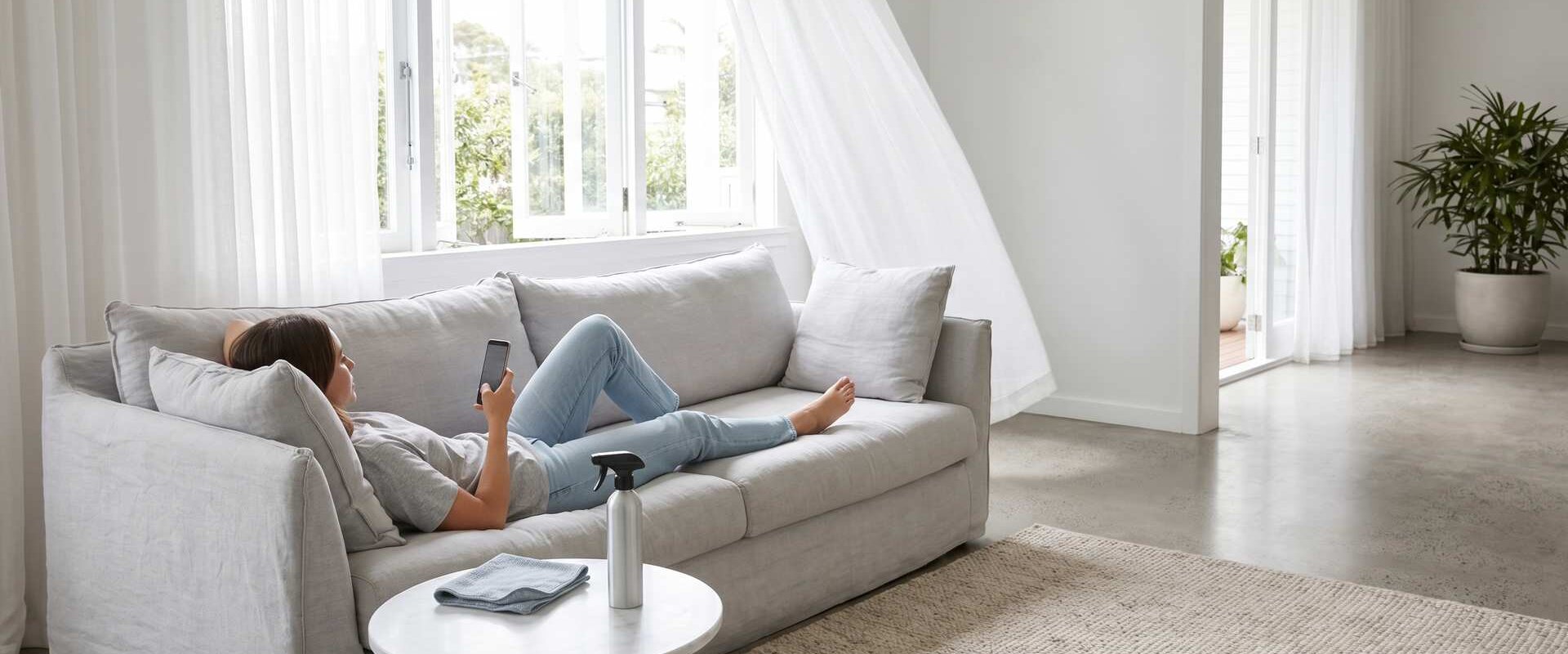 Entspannte Person mit Smartphone auf dem Sofa in heller frisch geputzter Wohnung