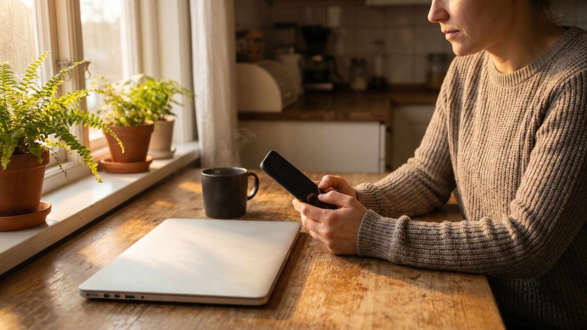 Person am Küchentisch mit Smartphone und Laptop bei Morgenlicht