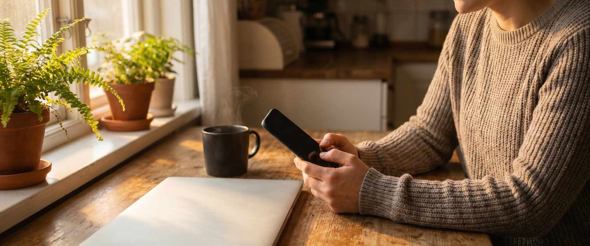 Person am Küchentisch mit Smartphone und Laptop bei Morgenlicht