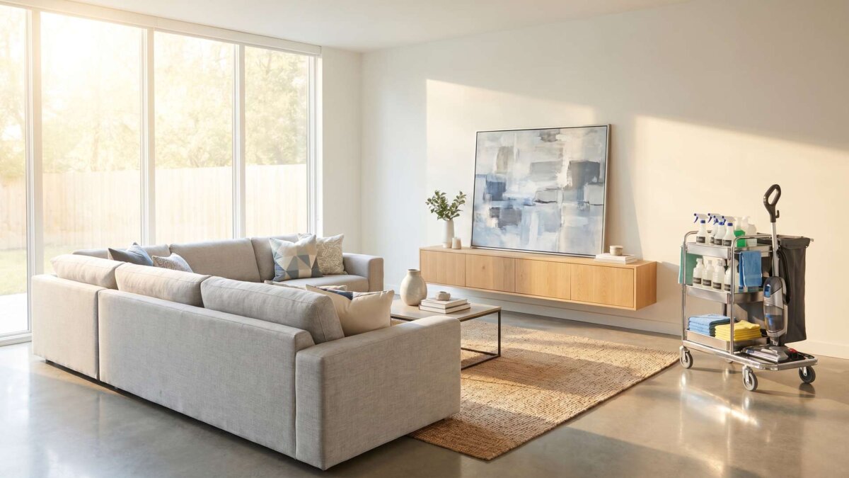 Helles modernes Wohnzimmer mit Reinigungswagen in der Ecke