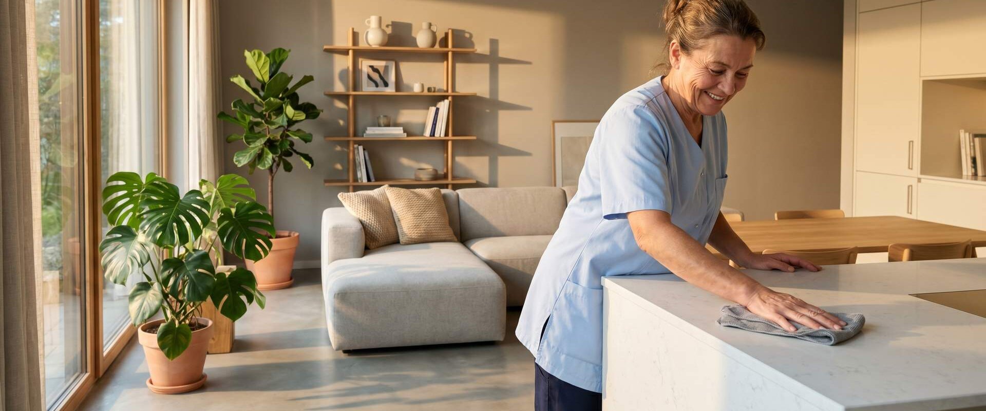 Reinigungskraft wischt eine Küchenarbeitsplatte in einem hellen Wohnzimmer