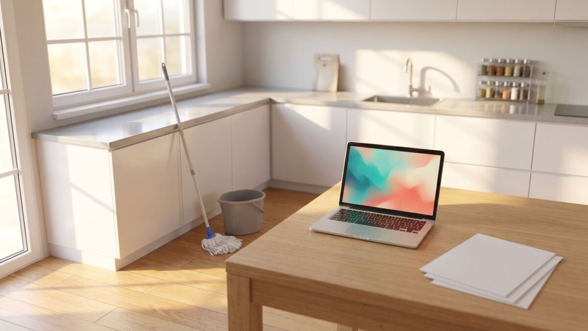 Helle Küche mit Wischmopp und Eimer, Laptop und Papierunterlagen auf dem Tisch