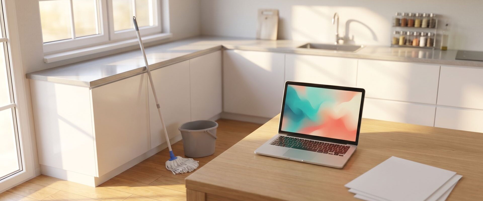 Helle Küche mit Wischmopp und Eimer, Laptop und Papierunterlagen auf dem Tisch