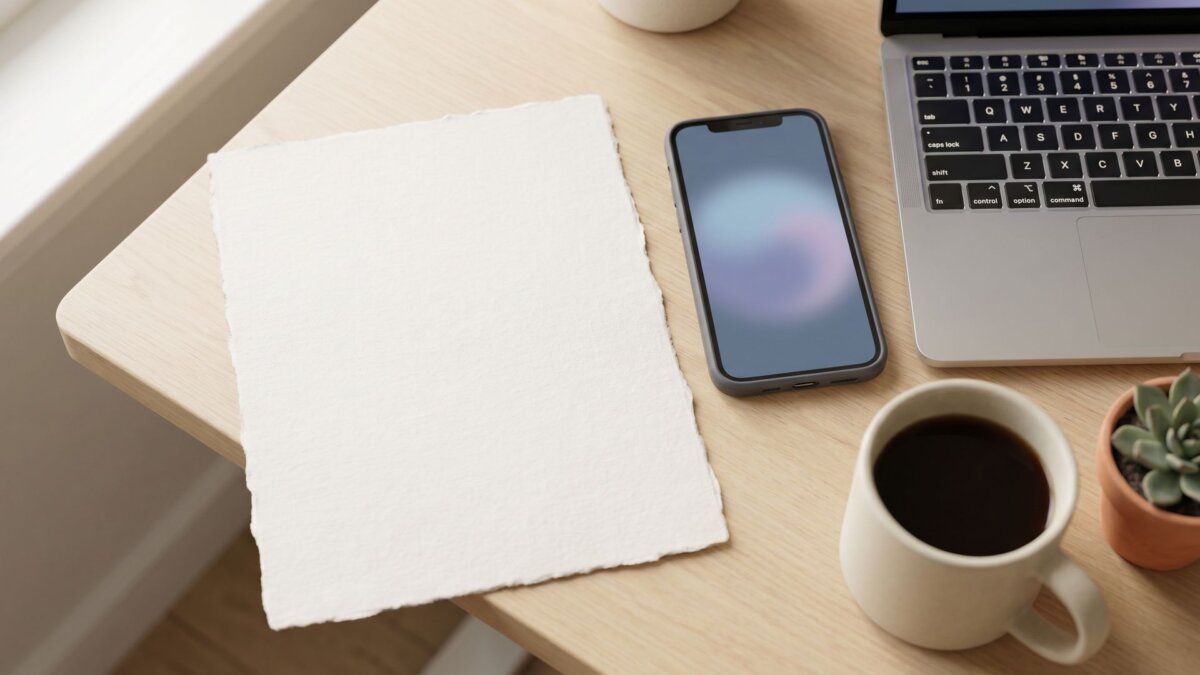 Schreibtisch von oben mit Papier, Smartphone, Laptop-Tastatur und Kaffeetasse