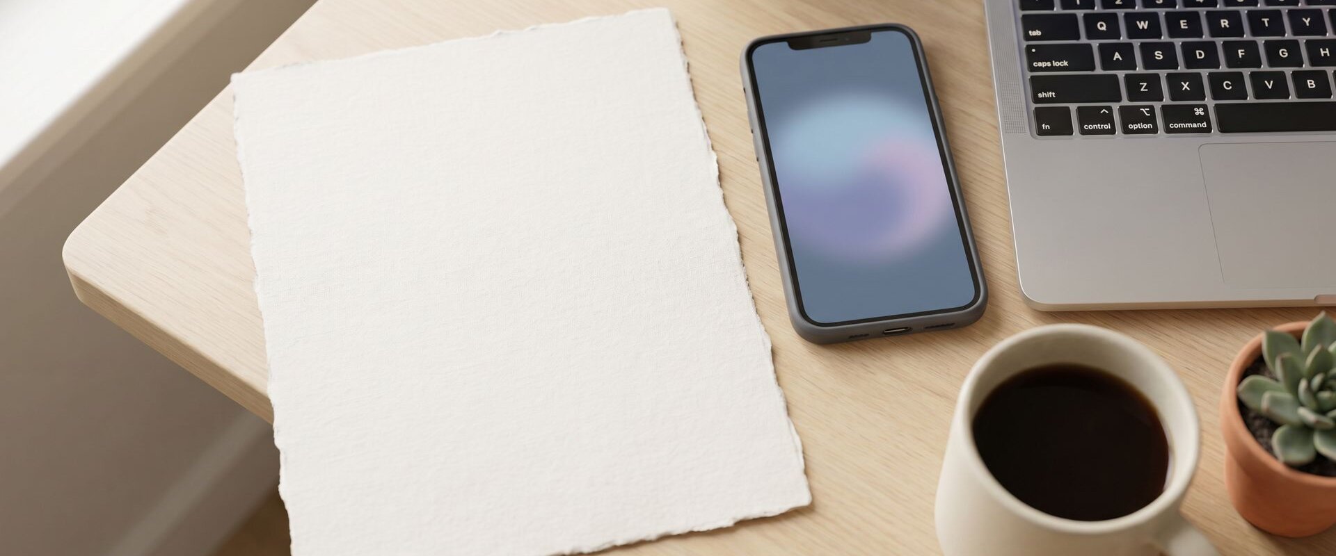 Schreibtisch von oben mit Papier, Smartphone, Laptop-Tastatur und Kaffeetasse