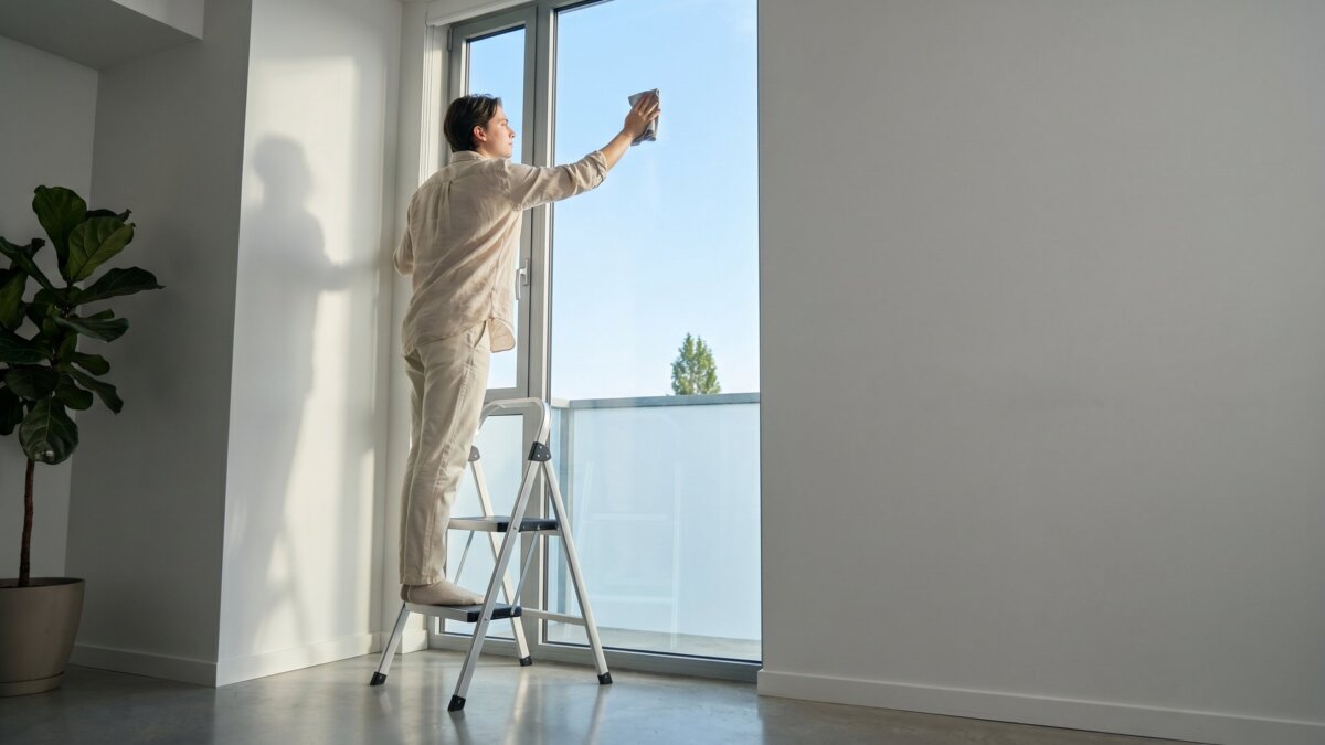 Person reinigt auf einer Trittleiter ein hohes Fenster in einer hellen Wohnung