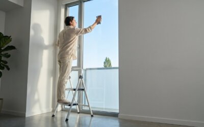 Person reinigt auf einer Trittleiter ein hohes Fenster in einer hellen Wohnung