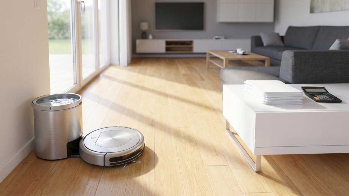 Wohnzimmer mit Staubsauger und Putzeimer, Dokumente und Taschenrechner im Hintergrund