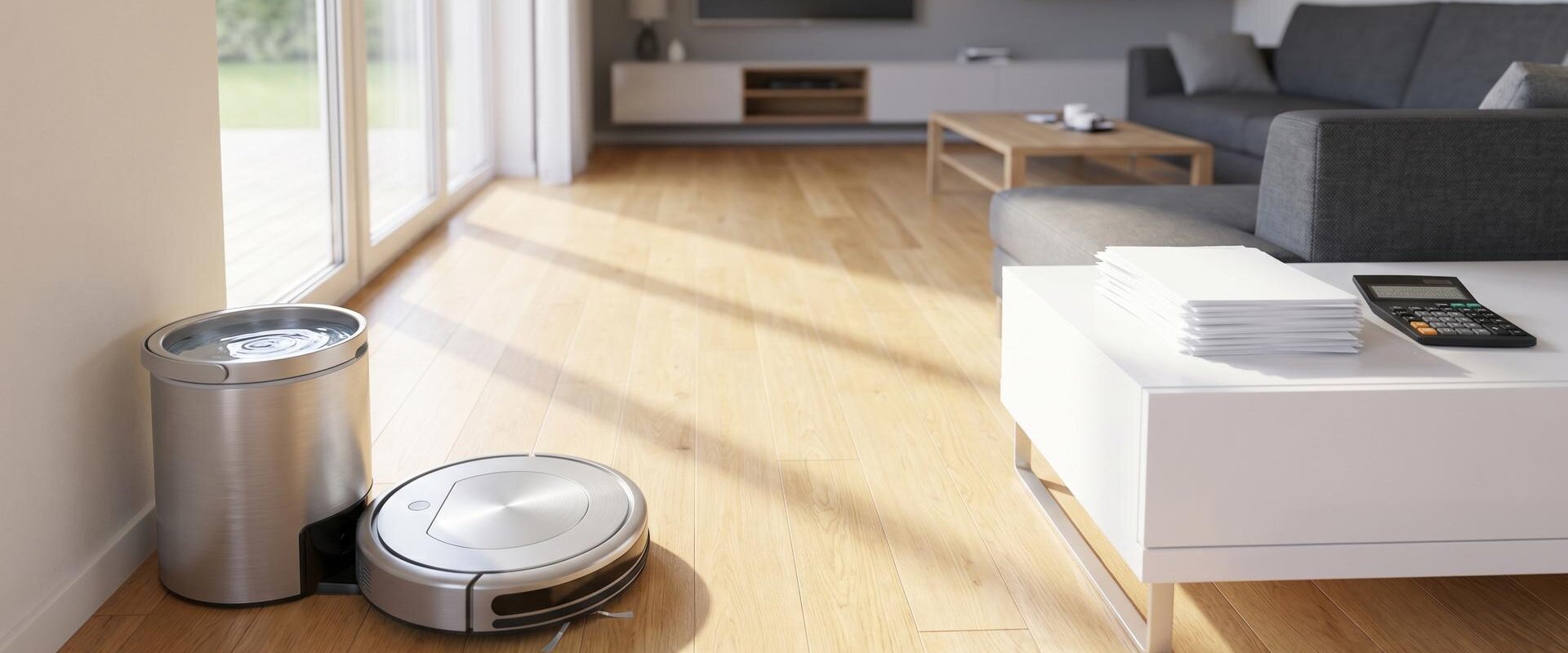 Wohnzimmer mit Staubsauger und Putzeimer, Dokumente und Taschenrechner im Hintergrund