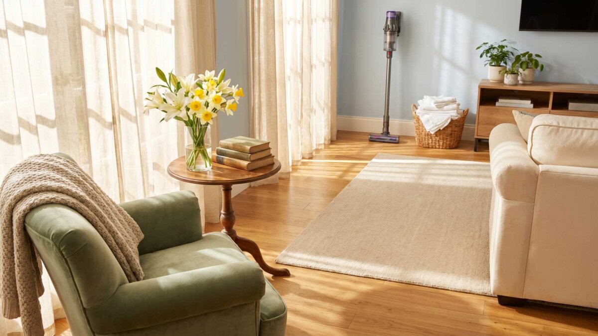 Helles gemütliches Wohnzimmer mit Sessel, Blumen und Staubsauger im Hintergrund