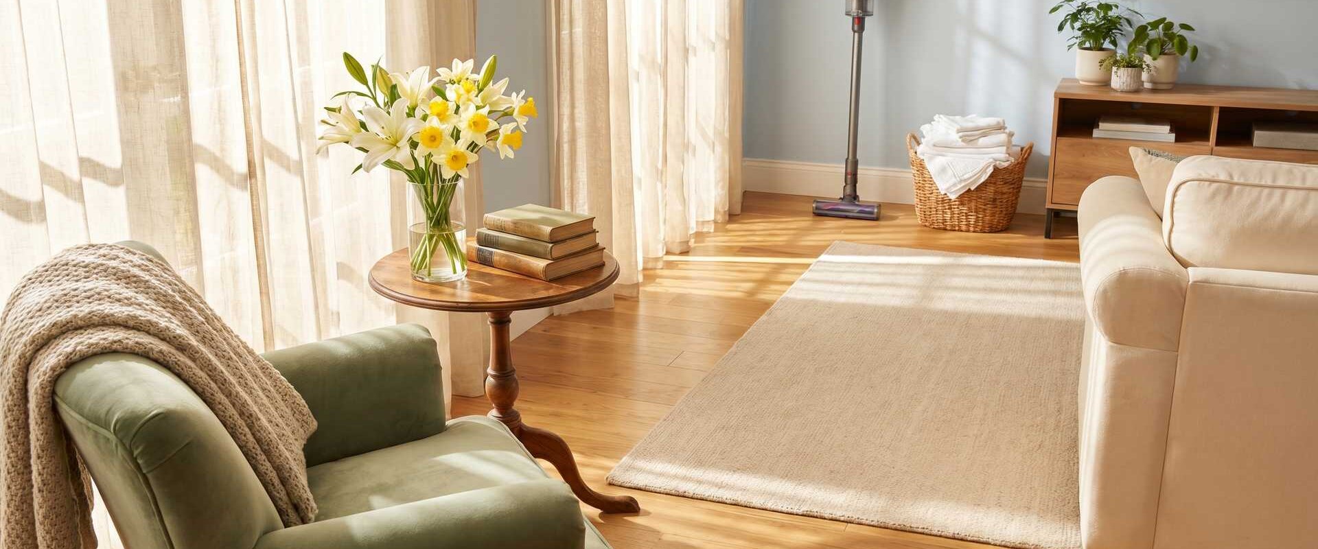 Helles gemütliches Wohnzimmer mit Sessel, Blumen und Staubsauger im Hintergrund