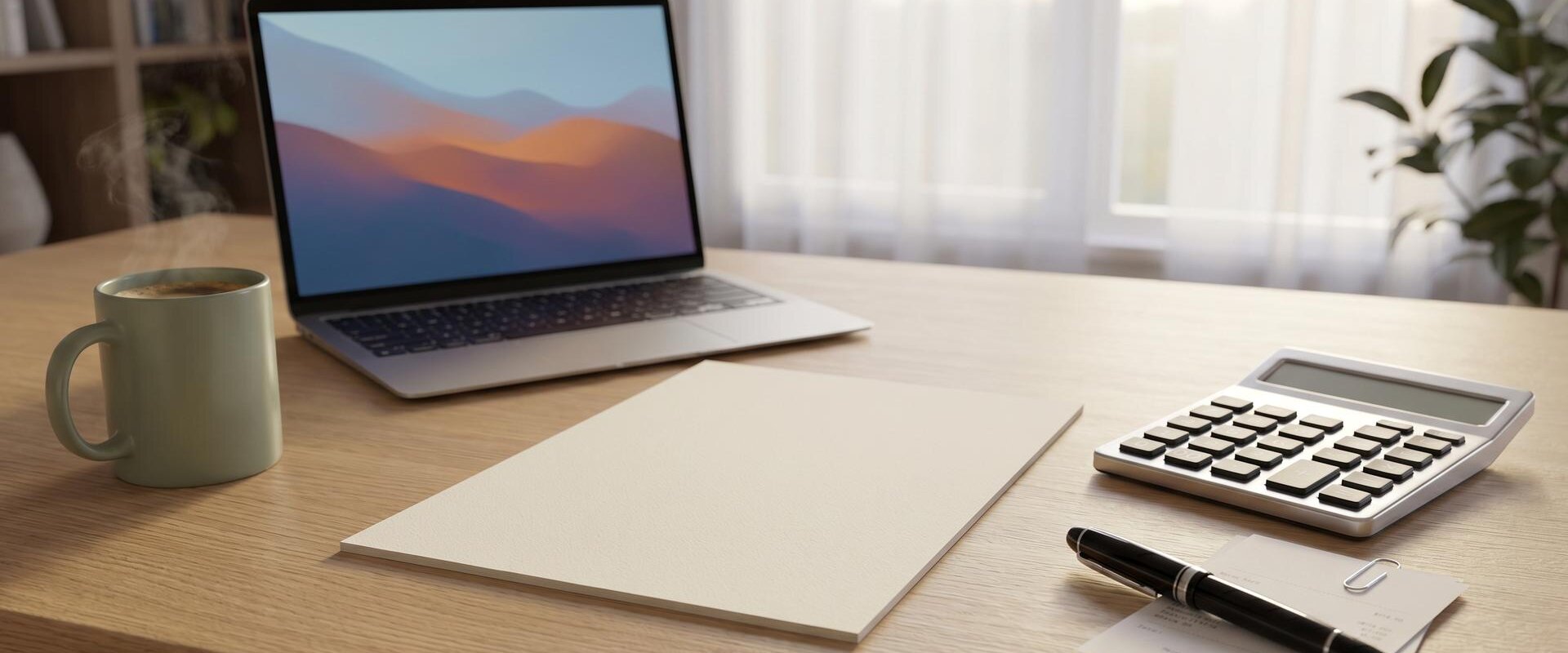Schreibtisch mit Laptop, Taschenrechner, Stift und Papierbelegen am Fenster