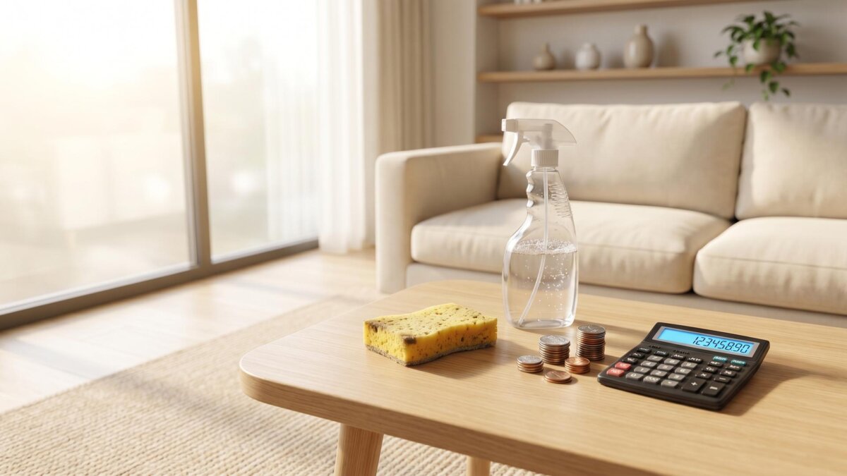Helles Wohnzimmer mit Schwamm, Sprühflasche, Münzen und Taschenrechner auf einem Tisch
