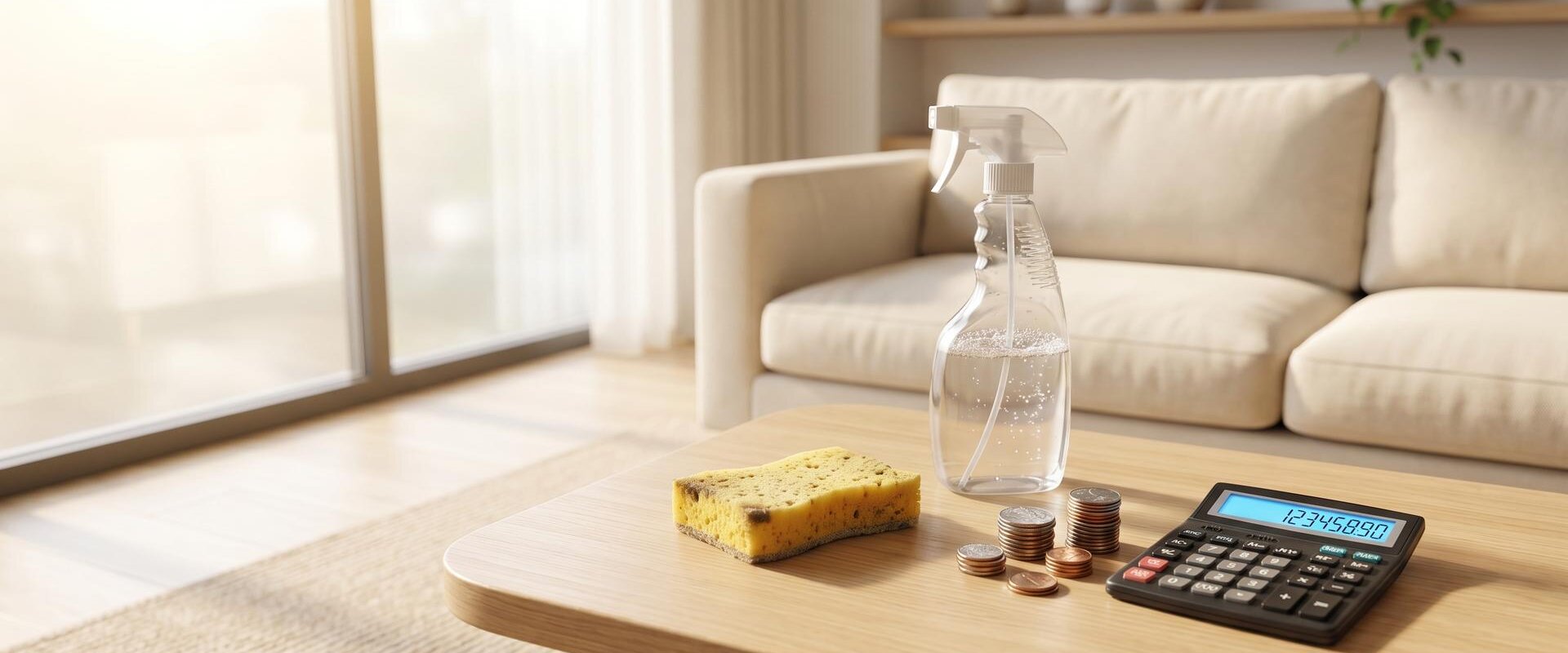 Helles Wohnzimmer mit Schwamm, Sprühflasche, Münzen und Taschenrechner auf einem Tisch