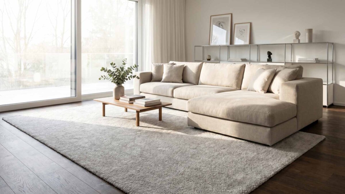 Helles Wohnzimmer mit sauberem hellgrauem Teppich und frisch gereinigtem Sofa