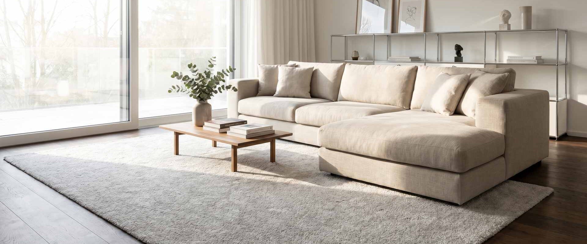 Helles Wohnzimmer mit sauberem hellgrauem Teppich und frisch gereinigtem Sofa