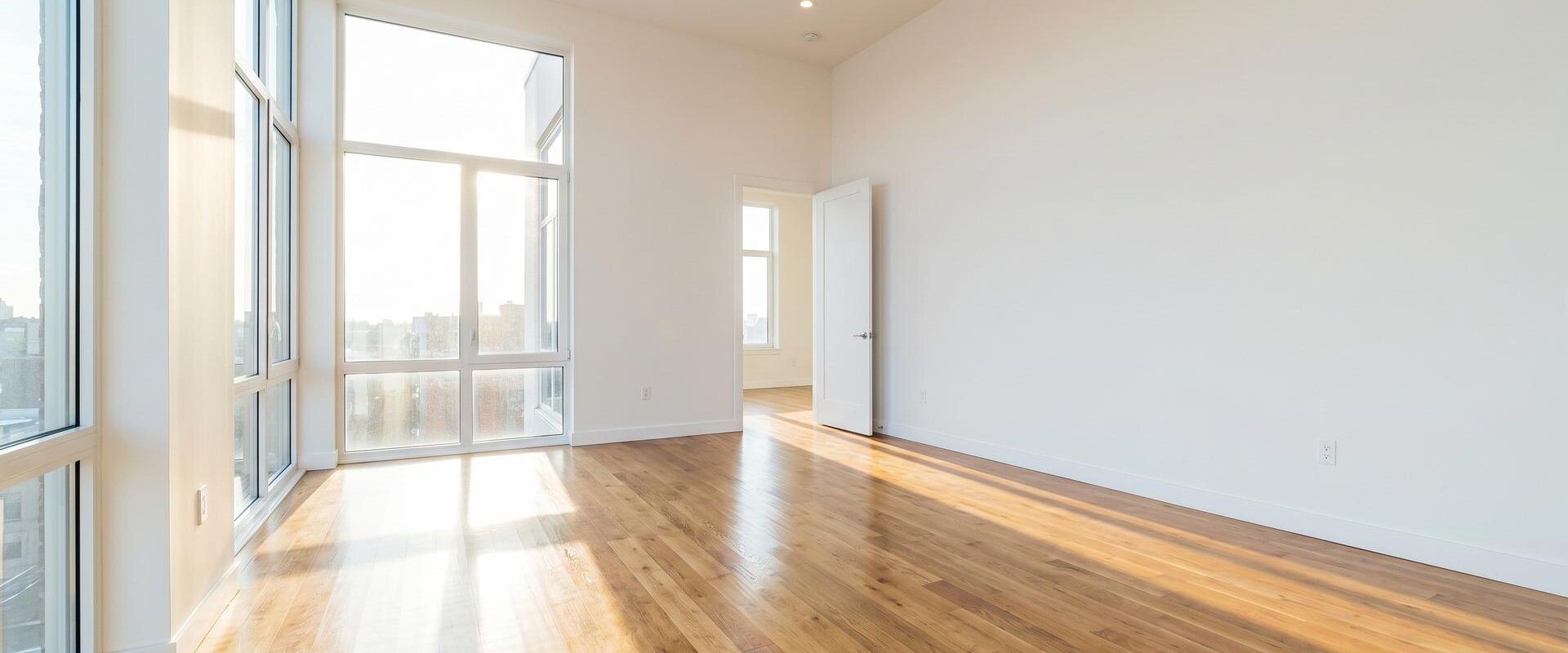 Leere frisch gereinigte Wohnung nach dem Auszug mit Tageslicht und blankem Holzboden