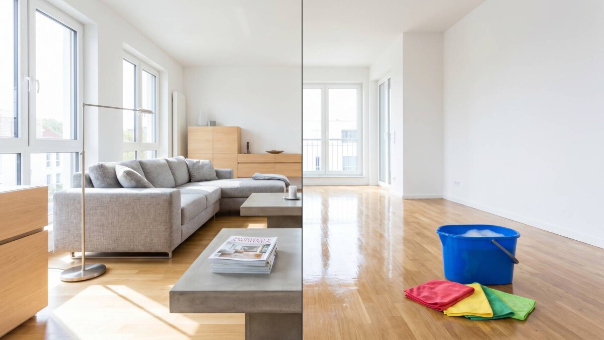 Geteilte Szene: bewohntes Wohnzimmer links, frisch gereinigte leere Wohnung rechts