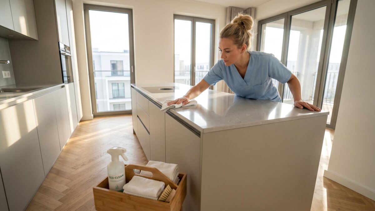 Reinigungskraft poliert eine Küchenarbeitsplatte in einer hellen Wohnung