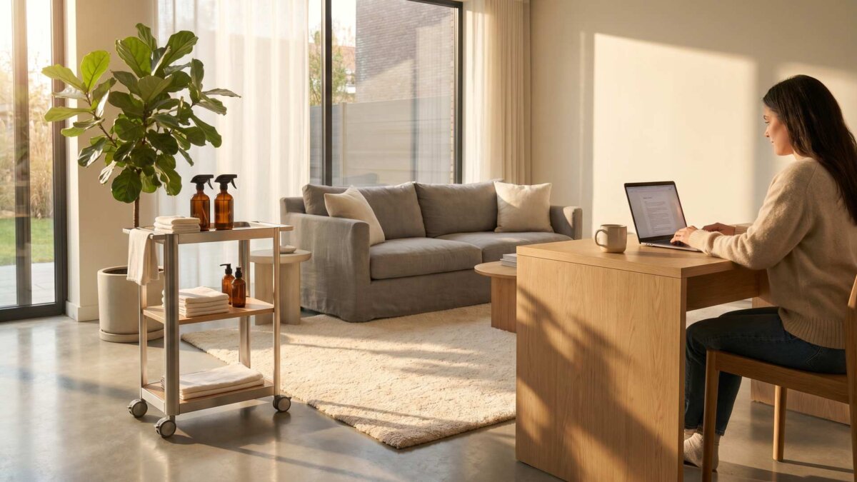 Helles Wohnzimmer mit Reinigungswagen und einer Person am Laptop