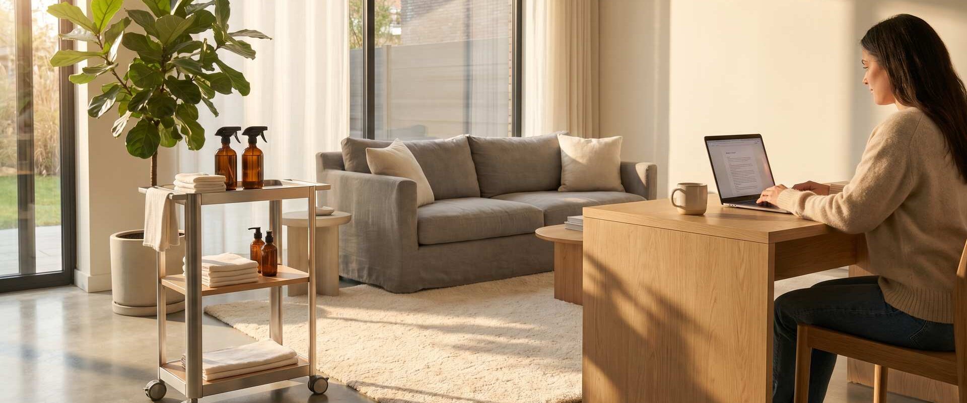Helles Wohnzimmer mit Reinigungswagen und einer Person am Laptop