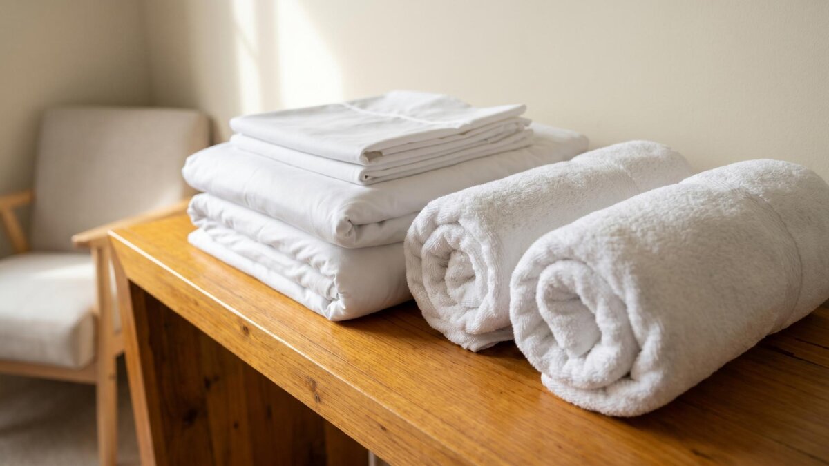 Stapel frisch gewaschener weißer Bettwäsche und Handtücher in heller Ferienwohnung