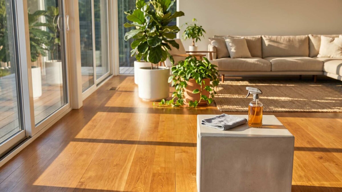 Helles Wohnzimmer mit frisch gereinigtem Holzboden, Mikrofasertuch und Sprühflasche