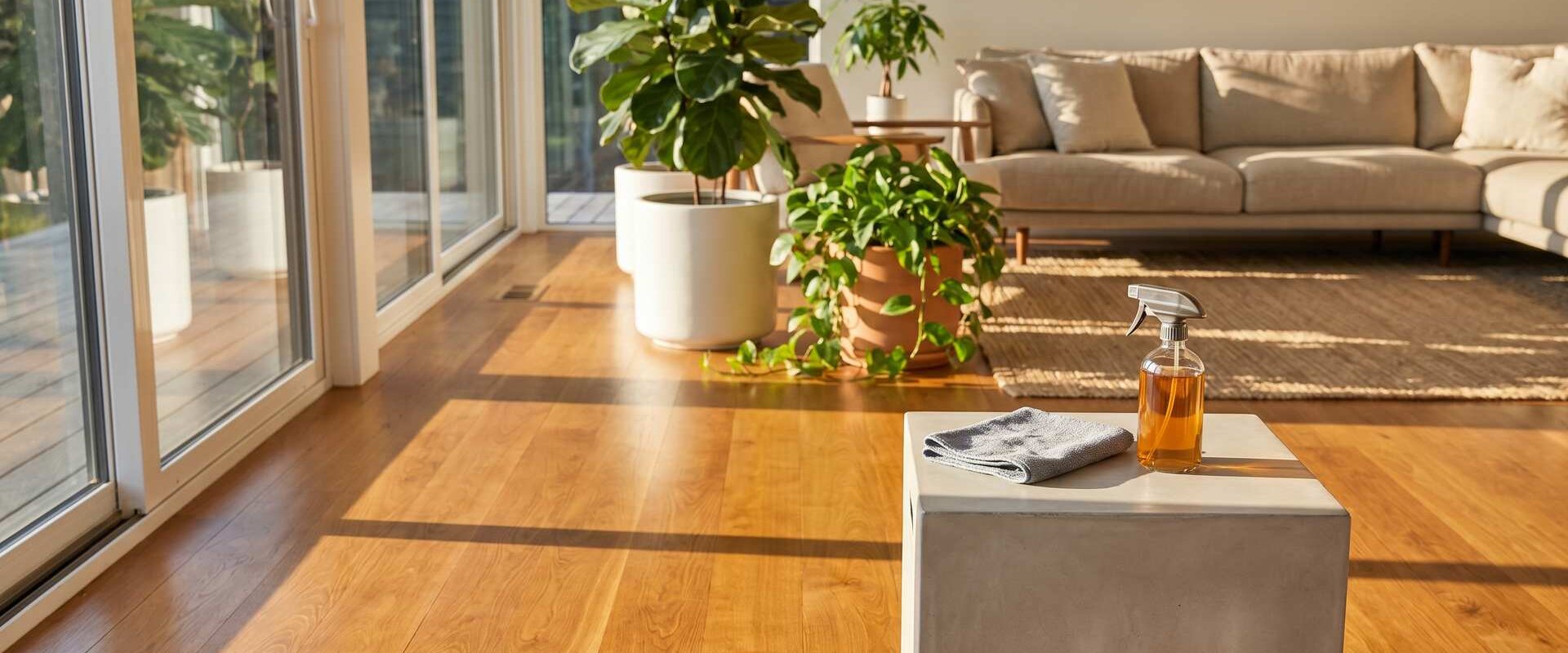 Helles Wohnzimmer mit frisch gereinigtem Holzboden, Mikrofasertuch und Sprühflasche