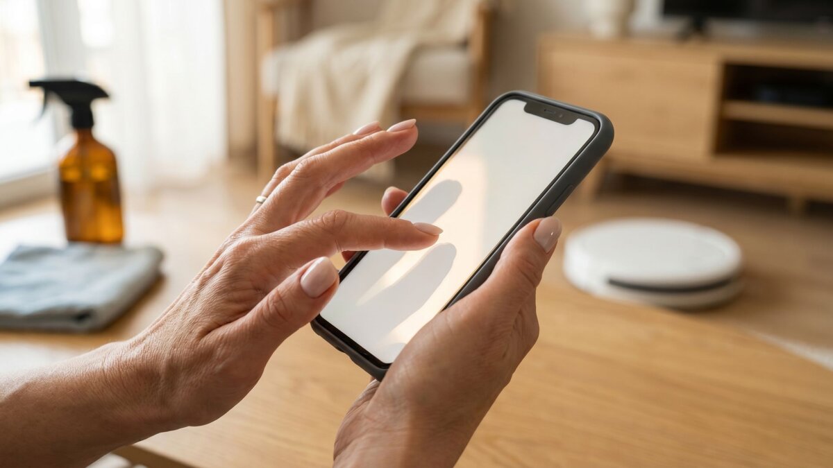 Hände halten ein Smartphone in einem hellen Wohnzimmer