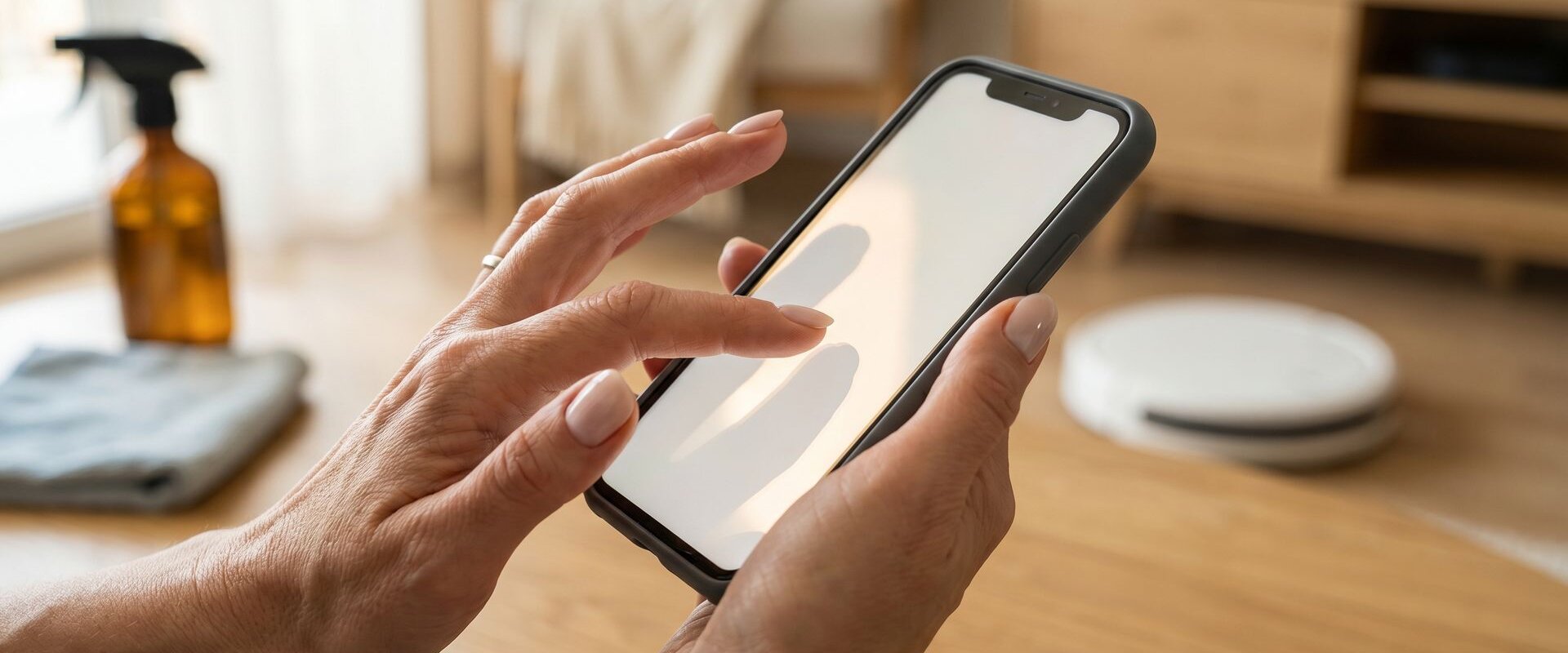 Hände halten ein Smartphone in einem hellen Wohnzimmer