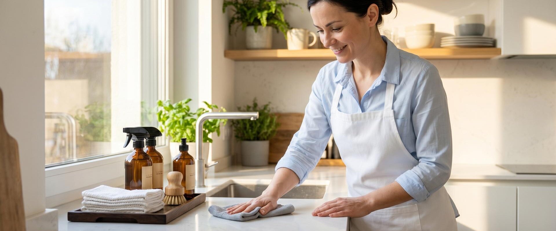 Reinigungskraft mit Schürze wischt eine Küchenarbeitsplatte in heller Wohnung