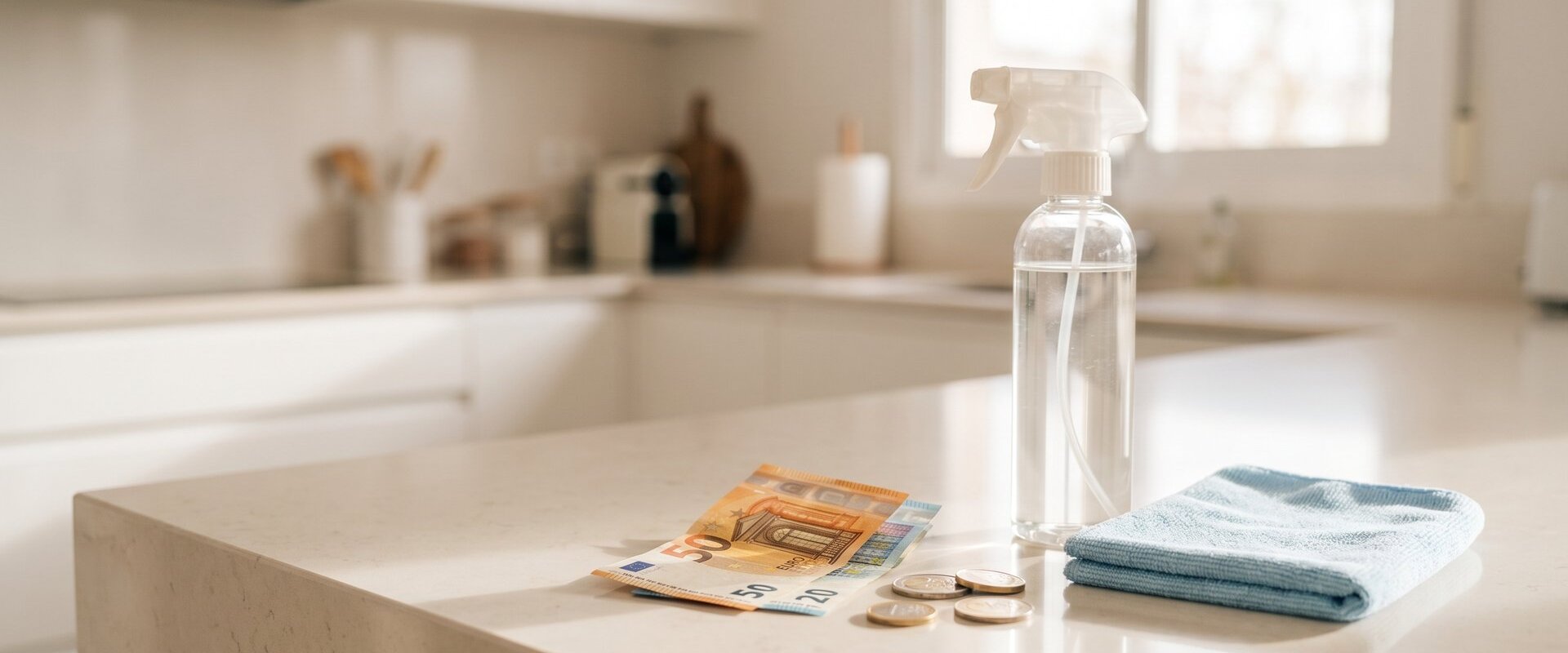 Euro-Geldscheine und Münzen neben einer Reinigungssprühflasche auf einer Küchenarbeitsplatte