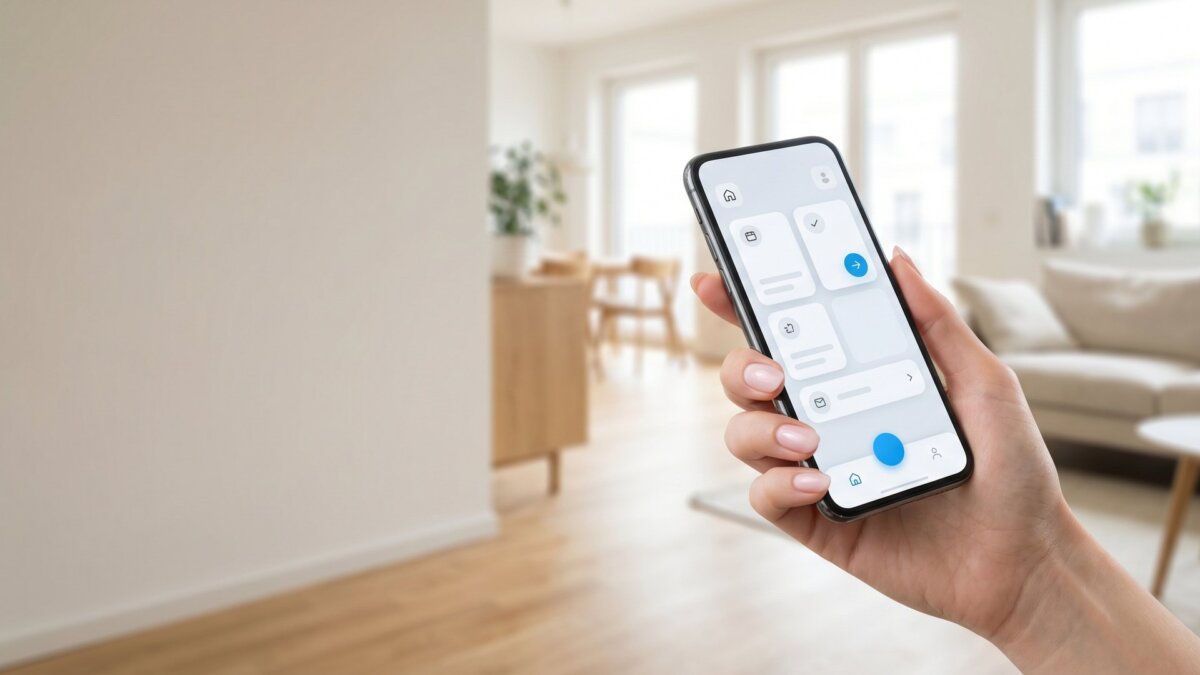 Hand hält ein Smartphone mit einer App zur Buchung einer Reinigungskraft